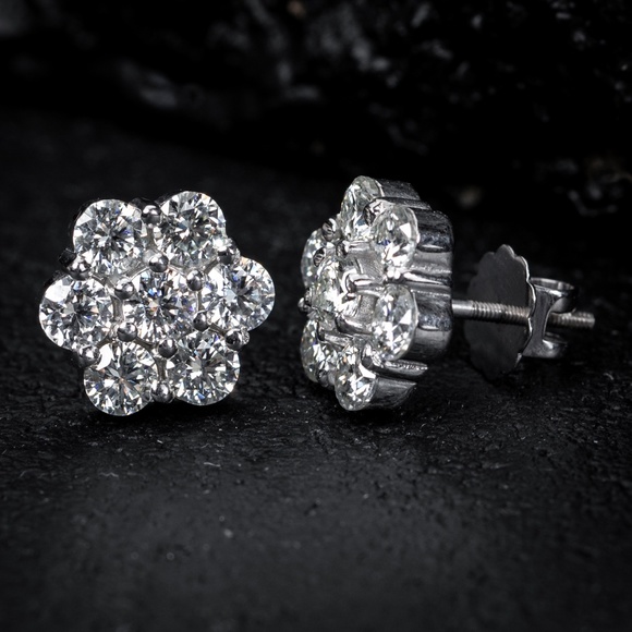 Large Stud Cluster Flower White Gold 925 Sterling Silver Cz Screw Back Earrings - Picture 1 of 5